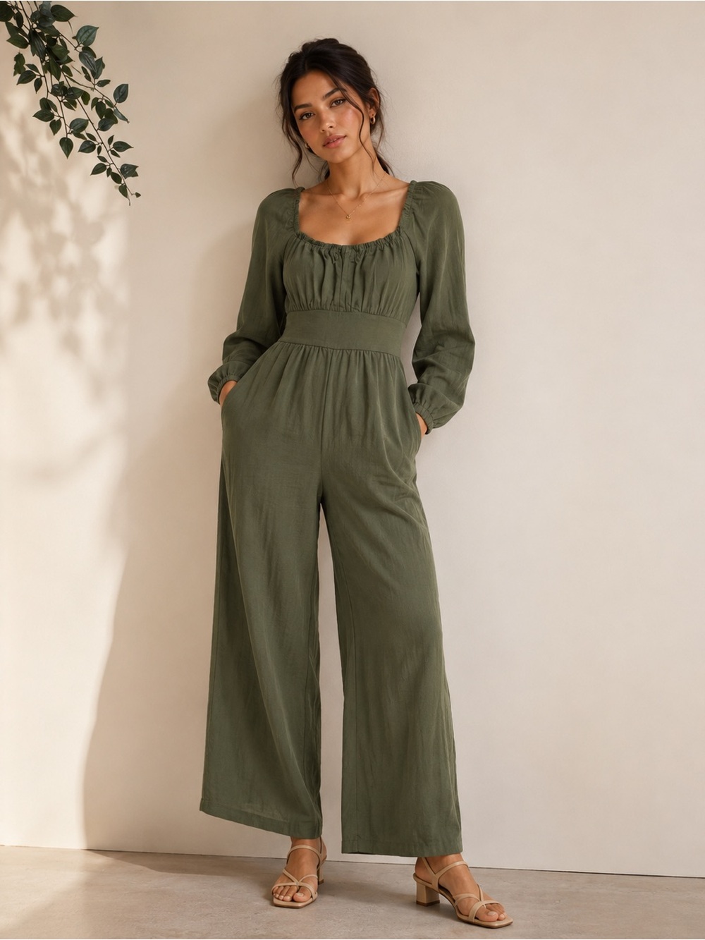 NWT Dokotoo Olive Green Wide Leg Jumpsuit XL Long Sleeve Boho Cottagecore Romper